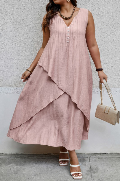 Solid Plus Notched Neck Wrap Sleeveless Loose Dress-49364