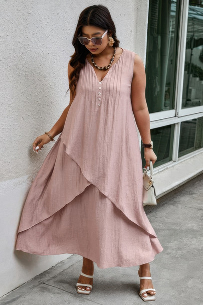 Solid Plus Notched Neck Wrap Sleeveless Loose Dress-49364