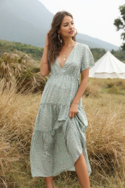 Elegant Floral Ruffle Deep V Neck Slit Dress-49313