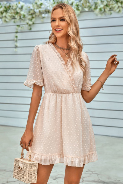 Solid Ruffle Hem Swiss Dot Short Sleeve Midi Dress-49305 Solid Ruffle Hem Swiss Dot Short Sleeve Midi Dress-49305