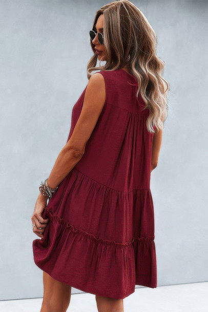 Solid V Neck Flat Collar Tiered Shift Dress-49297