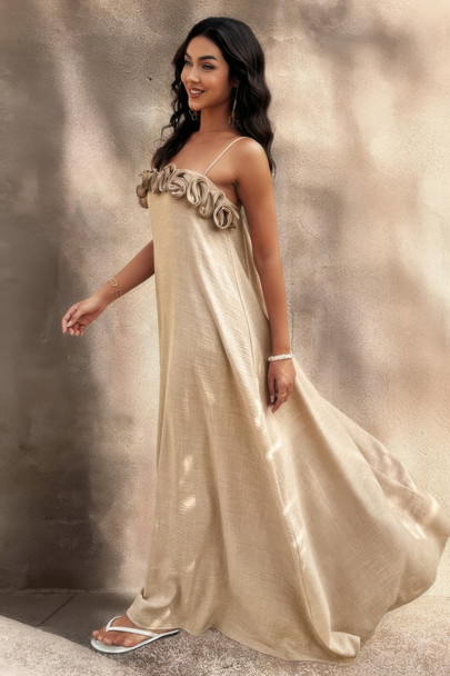 Flower Trim Off Shoulder Ruffled Backless Dress-49274 Flower Trim Off Shoulder Ruffled Backless Dress-49274