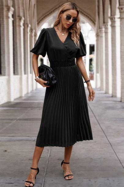 Solid Elastic Waist Band Pleated V Neck Dress-49150 Solid Elastic Waist Band Pleated V Neck Dress-49150