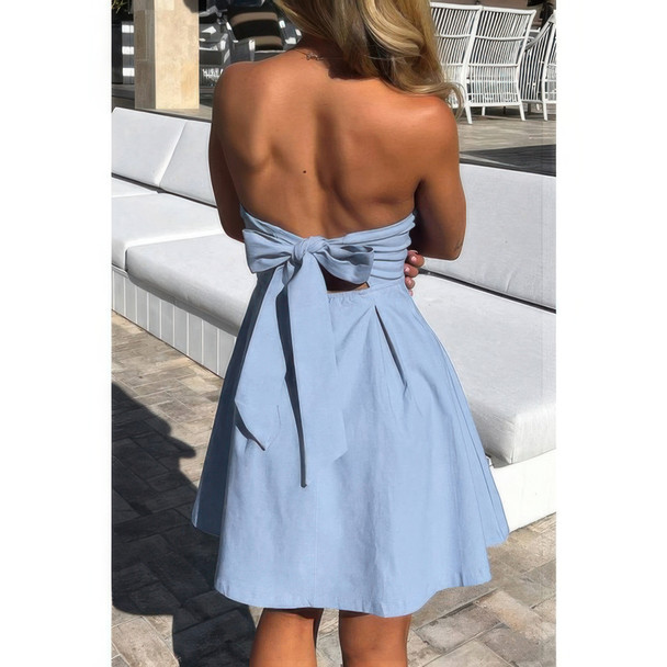 Off Shoulder Open Back Knot Pleated Mini Dress-49102 Off Shoulder Open Back Knot Pleated Mini Dress-49102