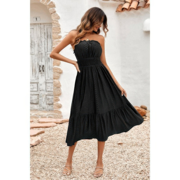 Solid Off Shoulder Elasit Waist Ruffle Dress-49100 Solid Off Shoulder Elasit Waist Ruffle Dress-49100