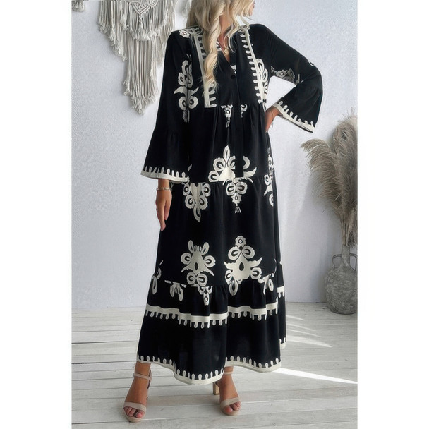 V Neck Stand Collar Button Floral Splicing Dress-49092