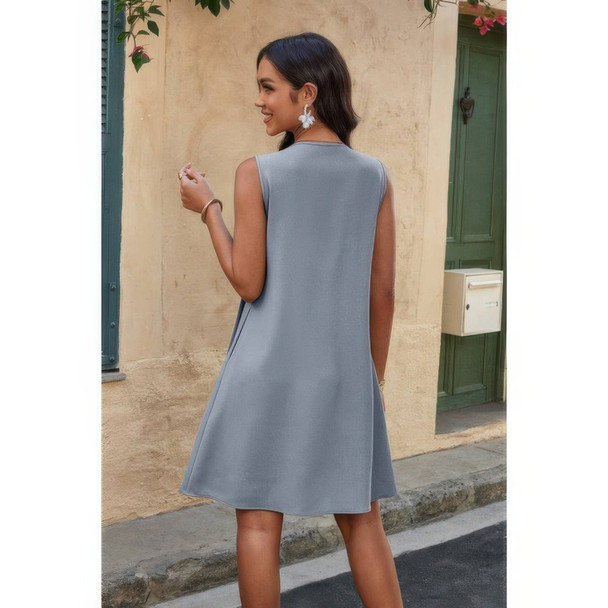 Round Neck Knot Cut Out Pleated Loose Fit Dress-49094