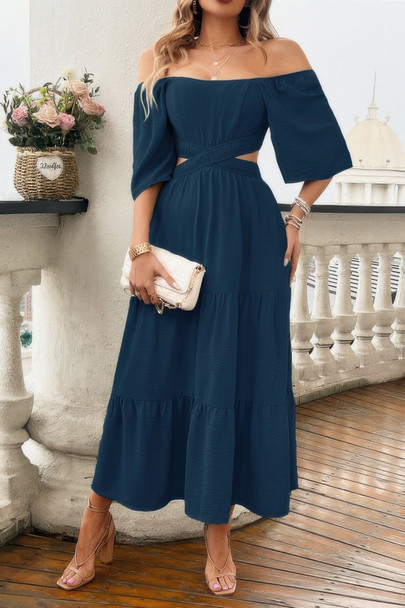 Solid Square Neck Cut Out Cross Ruffle Dress-49082 Solid Square Neck Cut Out Cross Ruffle Dress-49082