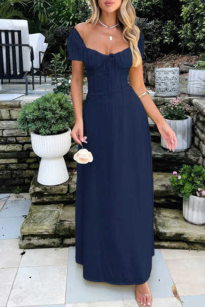 Deep Square Neck Drawstring Back Fit Dress-49083