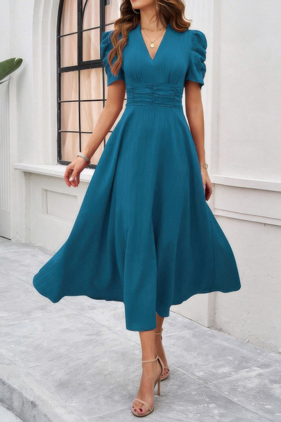 V Neck Solid Puff Sleeves Fit Full Dress-49080