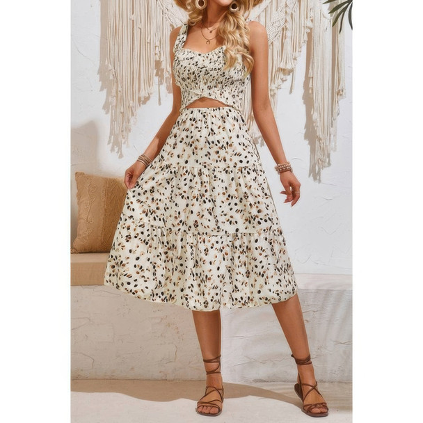 Square Neck Leopard Cut Out Elastic Waist Dress-48822