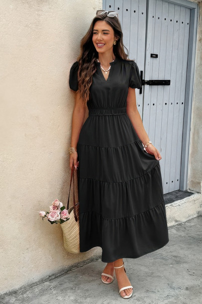 Solid V Neck Color Block Elastic Waist Dress-48760 Solid V Neck Color Block Elastic Waist Dress-48760