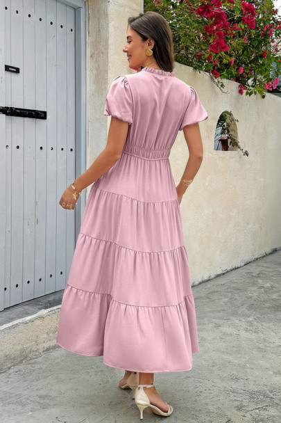 Solid V Neck Color Block Elastic Waist Dress-48760 Solid V Neck Color Block Elastic Waist Dress-48760