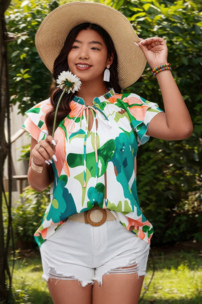 Plus Size Print Knot Neck Ruffle Fit Top-50070