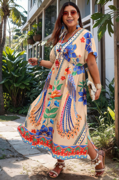 Plus Deep V Neck Allover Print High Waist Dress-50044