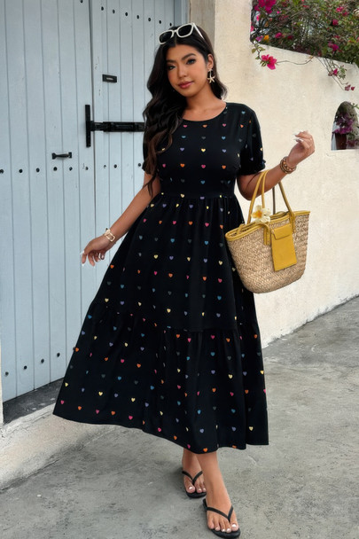 Plus Heart Print Round Neck Ruffle Hem Dress-49281