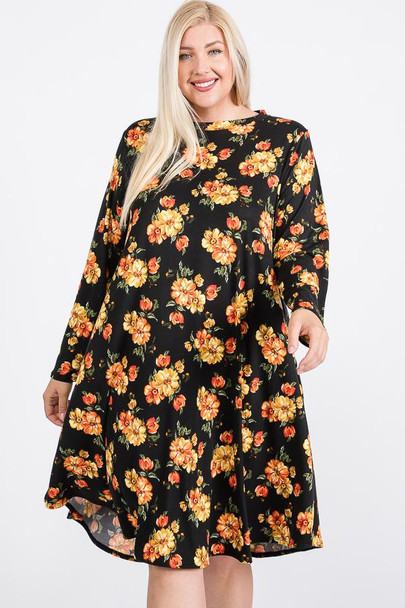 Floral Mock Neck Hidden Pocket Round Hem Midi Dress-33478