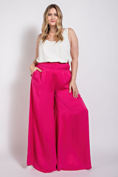 Washed Satin Wide Pants With Waist Smocked-47342