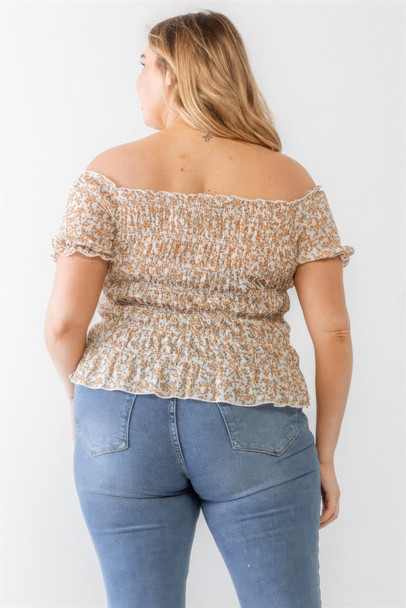 Plus Floral Chiffon Ruched Smocked Off-the-shoulder Top-41989 Plus Floral Chiffon Ruched Smocked Off-the-shoulder Top-41989