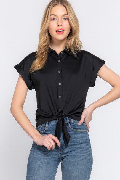 Short Slv Front Tie Stretch Ity  Top -44205