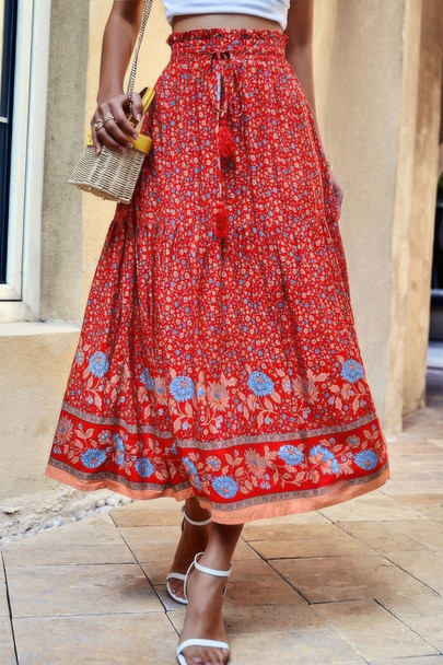 High Rise Drawstring Ruffled Maxi Skirt-49357