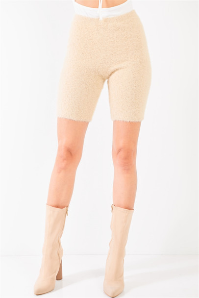 Oatmeal Beige Knit High Waist Stretchy Warm Fuzzy Biker Shorts-36690