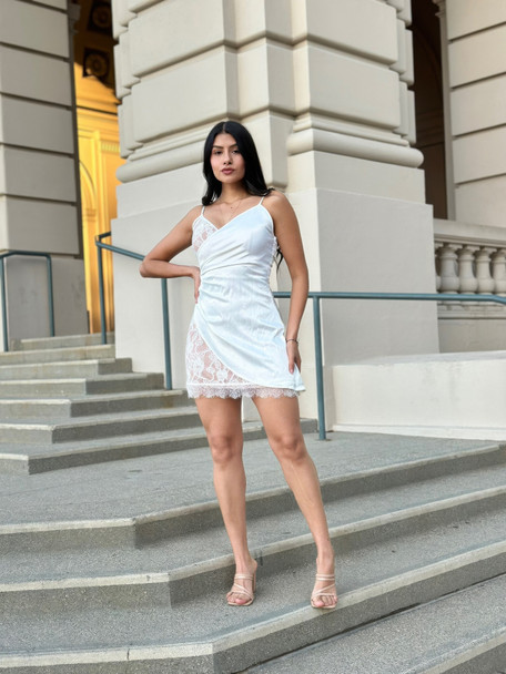 Sexy Party Satin Wrap Like & Lace Nude Mini Dress-54070