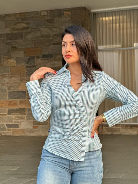 Stripe Asymmetric Button-down Detail Ls Blouse-54062