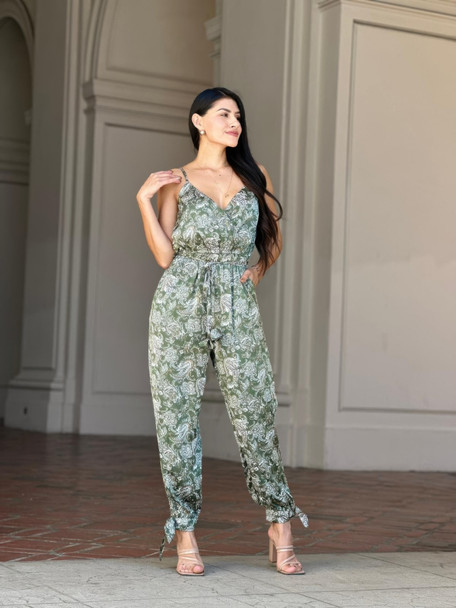 V Neck Sleeveless Paisley Jumpsuit With Tie Waist-54052