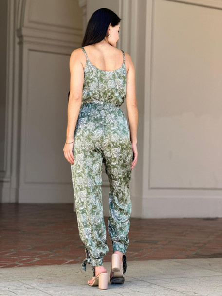 V Neck Sleeveless Paisley Jumpsuit With Tie Waist-54052