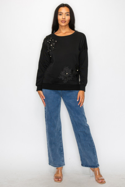 Faux Pearl Beaded Floral Patch Crewneck Sweatshirt-54050