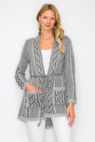 Open Wool Cardigan With Belt String & Front Pocket-54042