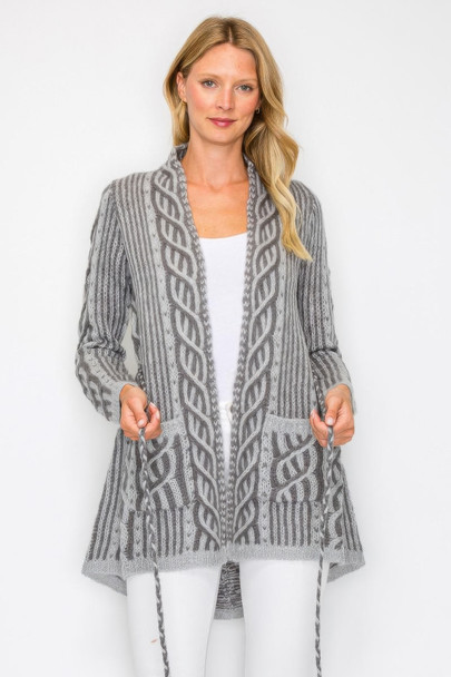 Open Wool Cardigan With Belt String & Front Pocket-54042