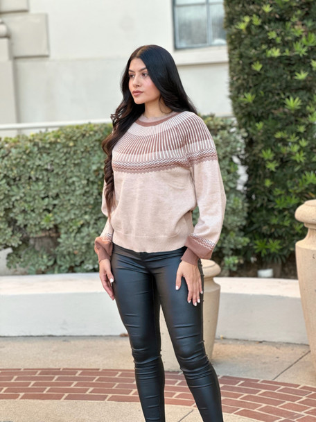 Neutral Color Block Knit Pull Out Sweater     -54374