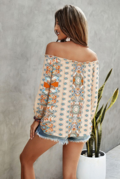 Boho Print Off Shoulder Long Sleeve Knot Front Blouse-50542