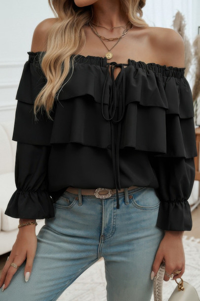 Tiered Ruffles Drawstring Ruched Neck Blouse-50540