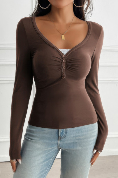 Solid Slim Fit V Neck Long Sleeve T Shirt-50538