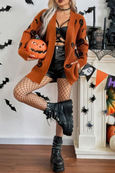 Pumpkin Print Open Front Long Sleeve Cardigan-50628