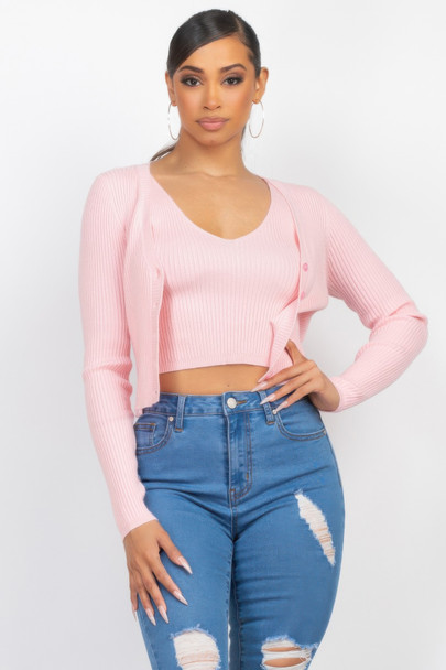 Crop Tank Top & Cardigan Sweater Set-47523