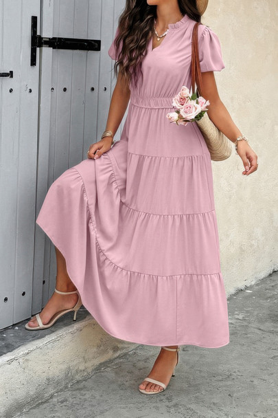 Solid V Neck Color Block Elastic Waist Dress-50595