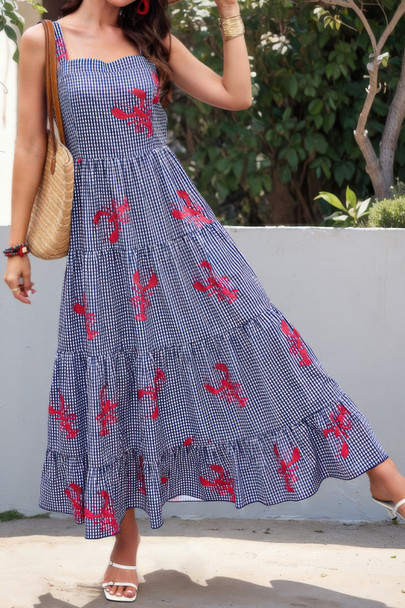 Plaid Lobster Print A Line Ruched Dress-50575