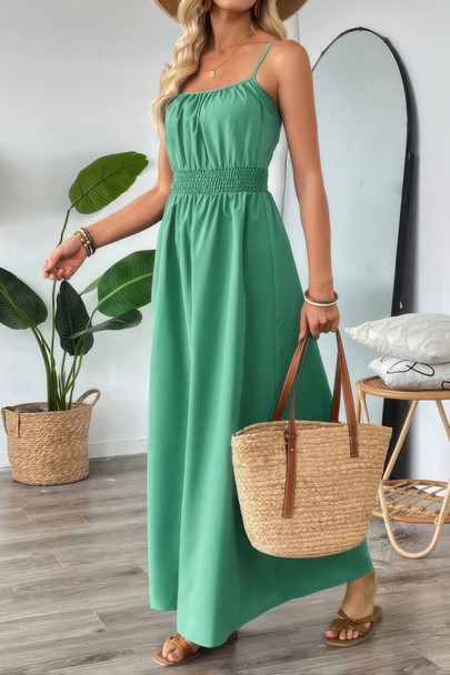 Solid Sleeveless Ruched Elactic Waist A Line Dress-50566