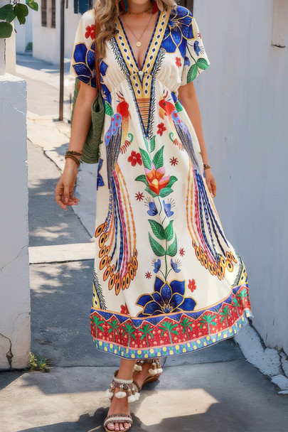 Floral Deep V Neck Batwing Sleeve Fit Dress-49943