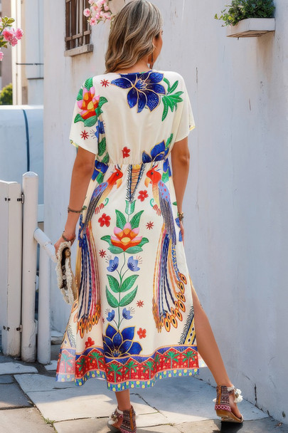 Floral Deep V Neck Batwing Sleeve Fit Dress-49943