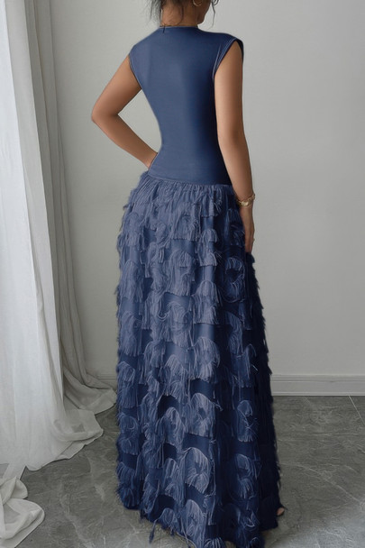 Solid V Neck Ruched Texture Splice Sleeveless Dress-49861