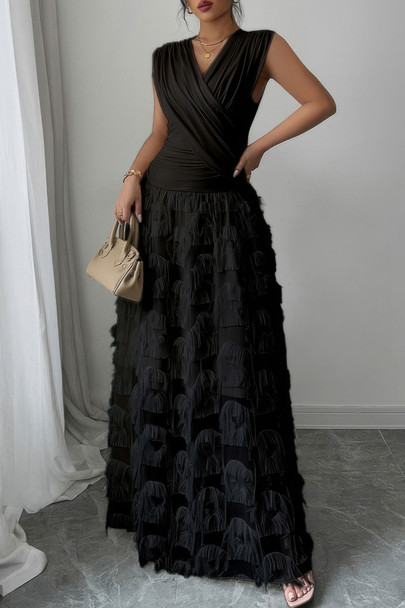 Solid V Neck Ruched Texture Splice Sleeveless Dress-49861