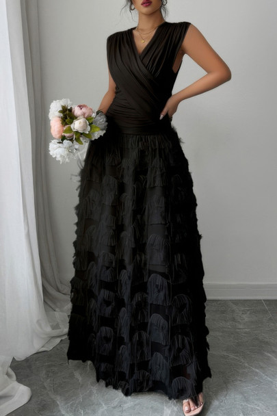 Solid V Neck Ruched Texture Splice Sleeveless Dress-49861