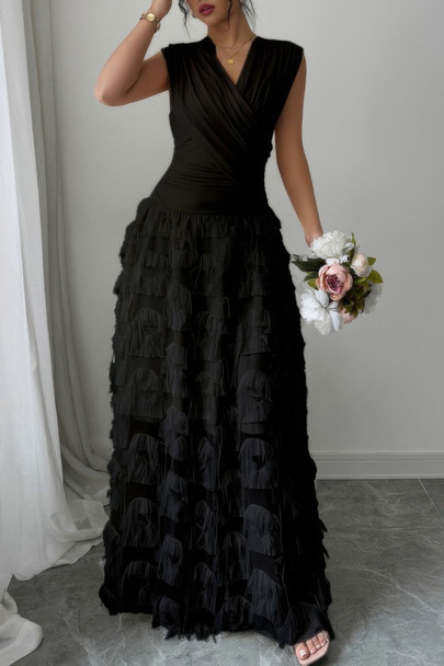 Solid V Neck Ruched Texture Splice Sleeveless Dress-49861