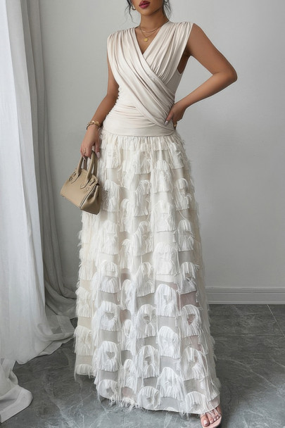 Solid V Neck Ruched Texture Splice Sleeveless Dress-49861