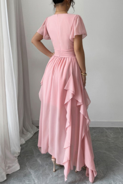 Solid V Neck High Waist Band Ruffle Hem Dress-49860